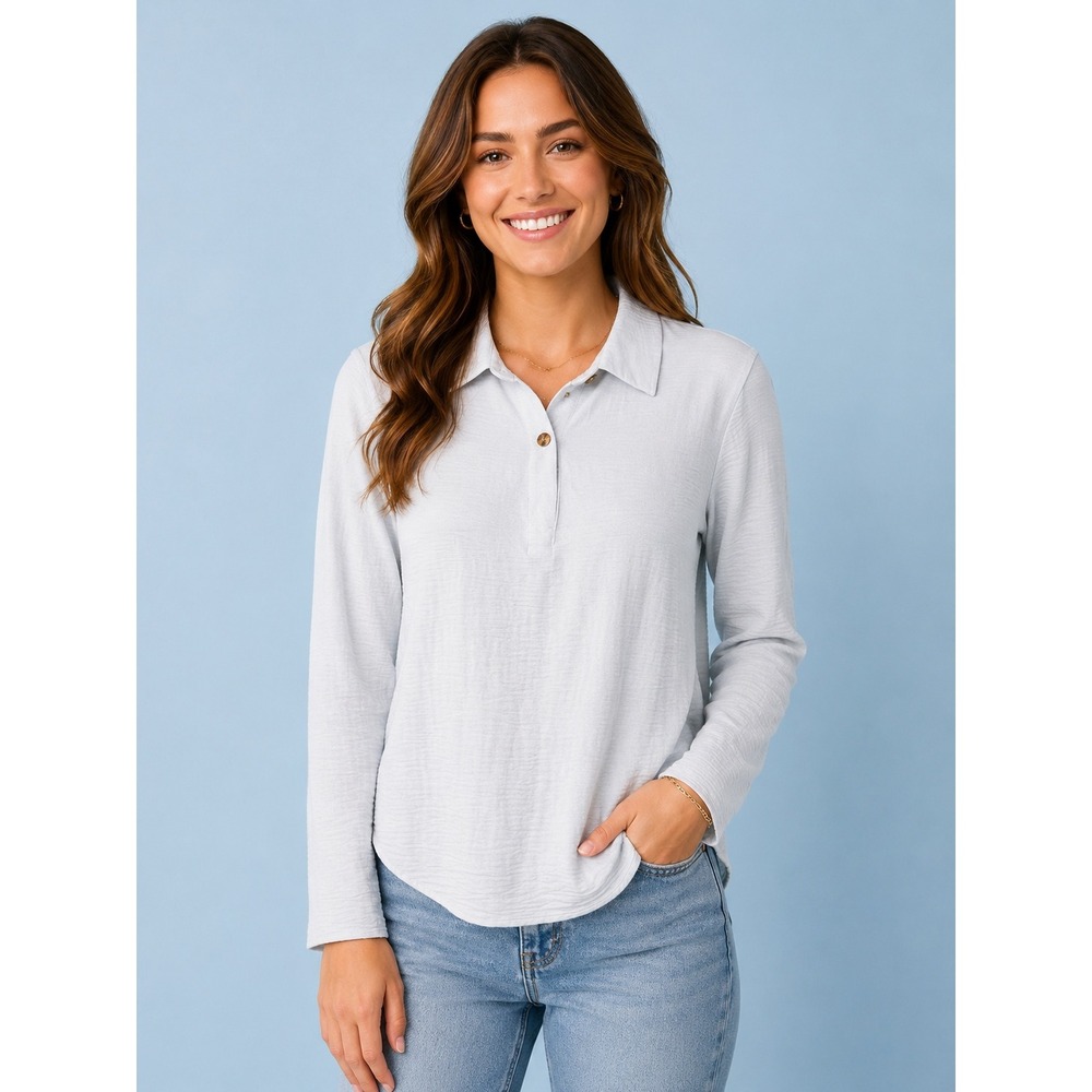 Michael Kors Womens Light Blue Crinkle Textured Long Sleeve Polo Top Size L